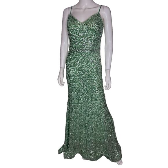 AQUA Formal Women’s Sequin Tie Back Floor Sweeping Gown Green Sz 10 - Picture 2 of 10